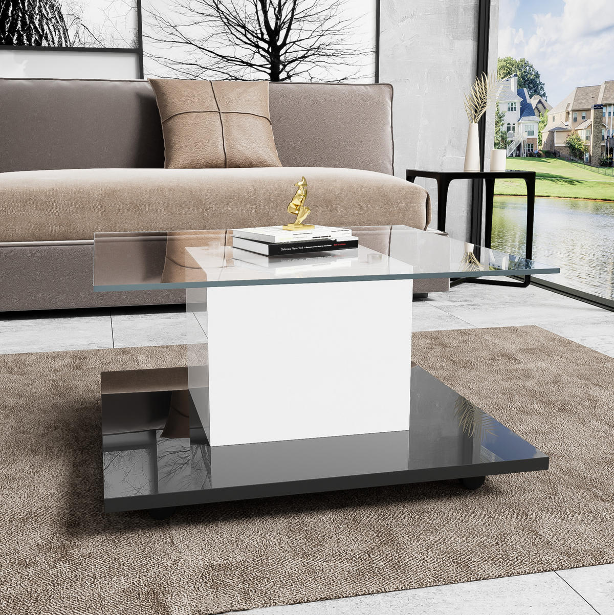 COUCHTISCH aus gehärtetem Glas, Hochglanz-Body mit LED-Lichtband und Lenkrollen, 80/80/40 cm, Weiß und Schwarz - Weiß, Holzwerkstoff (80/80/40cm) - Redom