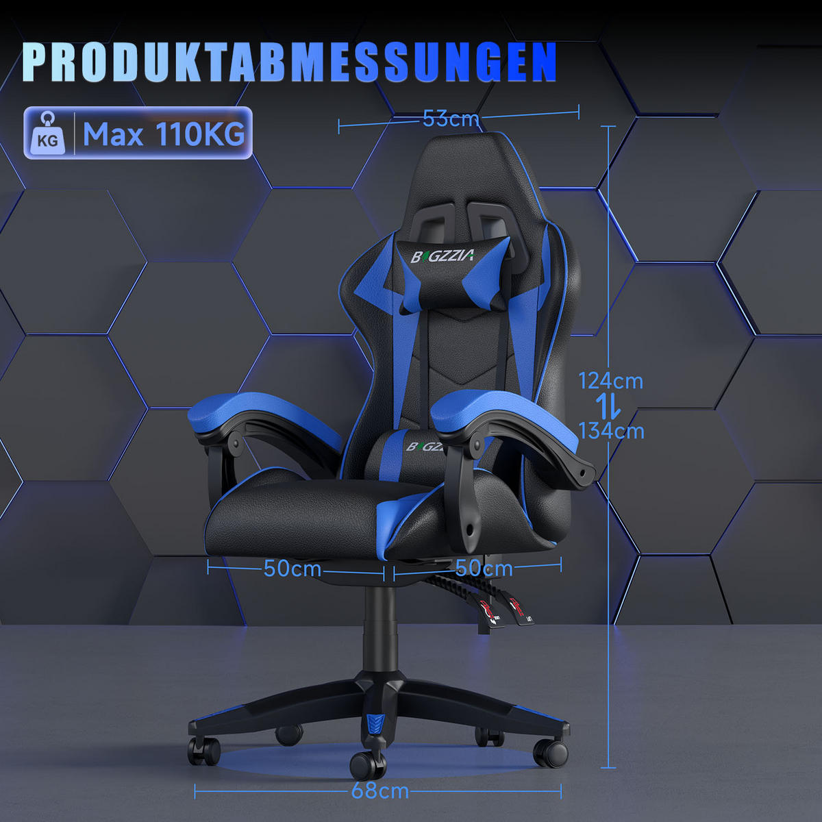 GAMINGSTUHL Schwarz-Blau ergonomisch - Blau, Leder (29/59/79cm) - Rattrix