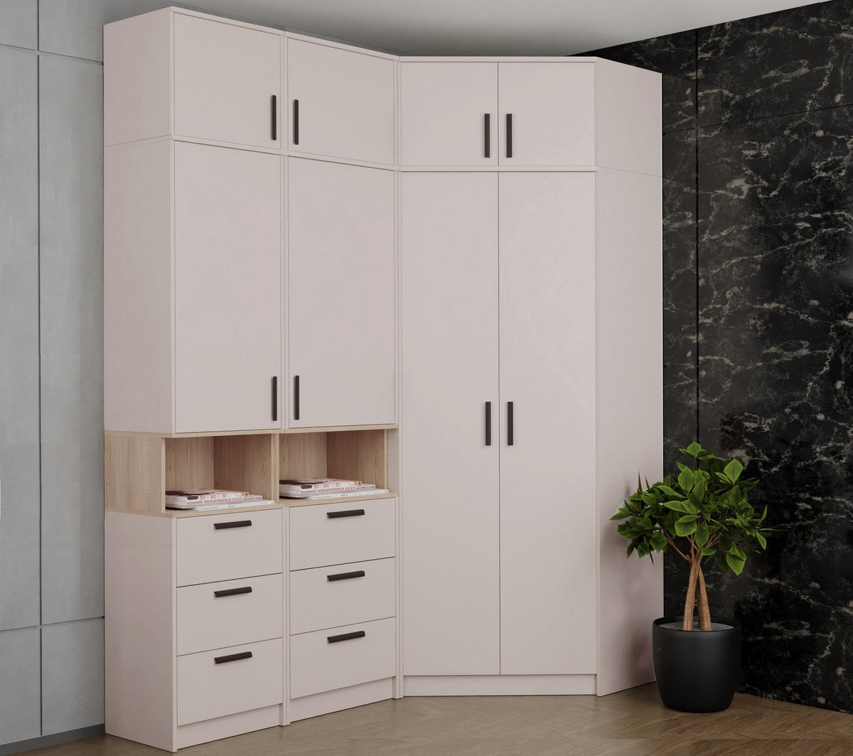 ECKKLEIDERSCHRANK GRANT SET 14/C GRAUBEIGE CASHMERE 143/235/143 - Kaschmir/Schwarz, Holzwerkstoff (143/235/143cm) - Marmex Möbel