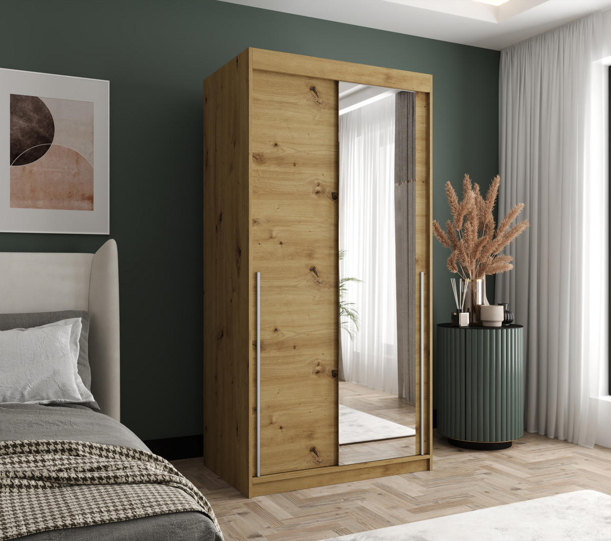SCHIEBETÜRENSCHRANK mit Spiegel 100 cm Breite Artisan mit silbernem Griff - Silberfarben/Eiche Artisan, Holzwerkstoff (250/200/62cm) - Home Collective