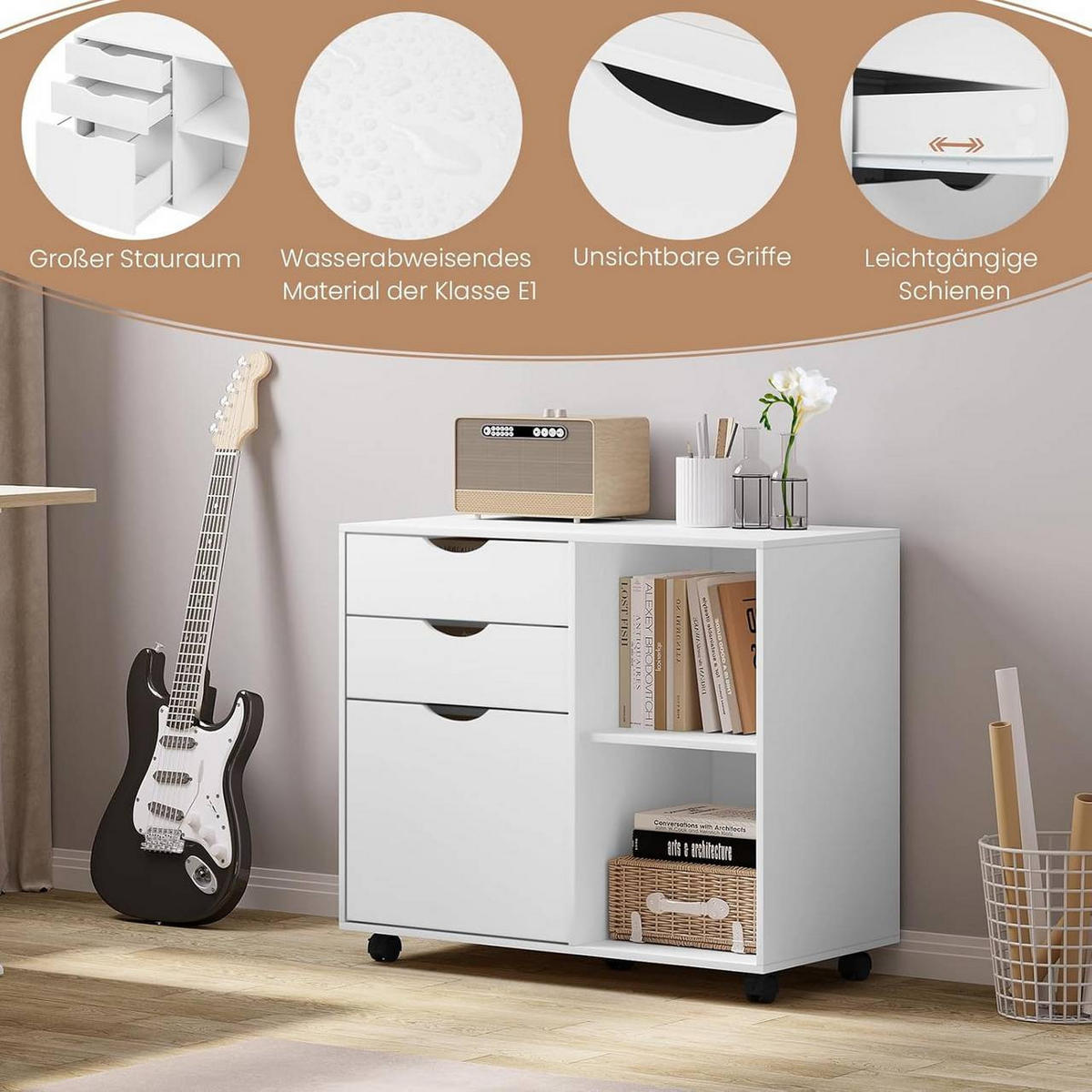 ROLLCONTAINER mit 3 Schubladen,5 Rollen, Weiß - Schwarz/Weiß, Holzwerkstoff (80/69.5/39.5cm) - Woltu