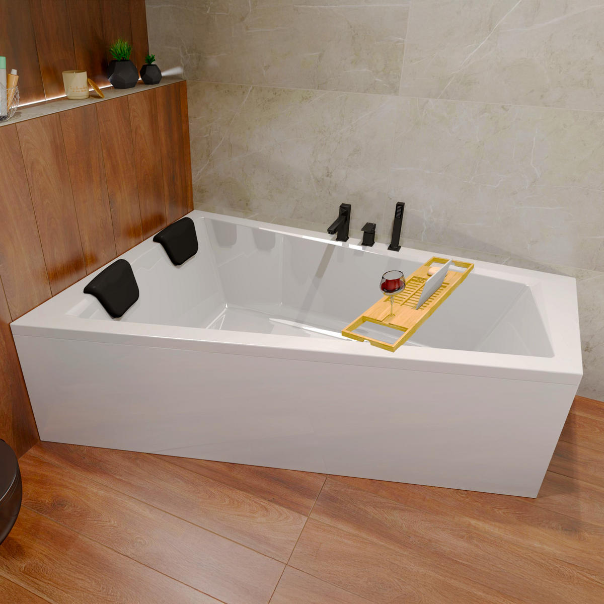 BADEWANNE Eckwanne INTIMA 150/85 Links + Schürze + Ablage + 2 Kopfstützen Ablauf Füße - Weiß, Kunststoff (85/55.5/150cm) - bad land