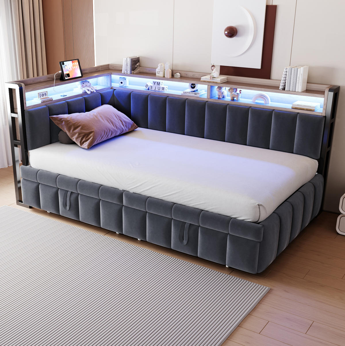 POHOVKA na spaní 90/200 cm s výsuvným lůžkem, LED osvětlením, USB a USB-C portem, Šedá - šedá, textil (90/200cm) - Redom