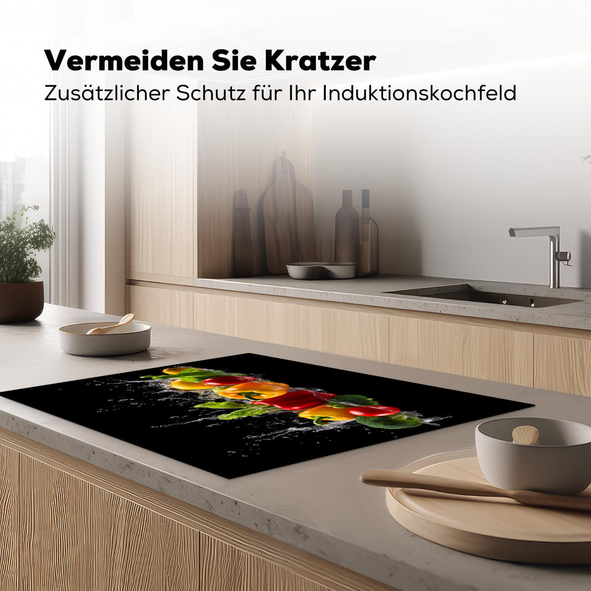 HERDABDECKPLATTE Paprika - Wasser - Gemüse - Schwarz Induktionsmatte 77x59 cm - Multicolor, Kunststoff (77/59/0.2cm) - MuchoWow