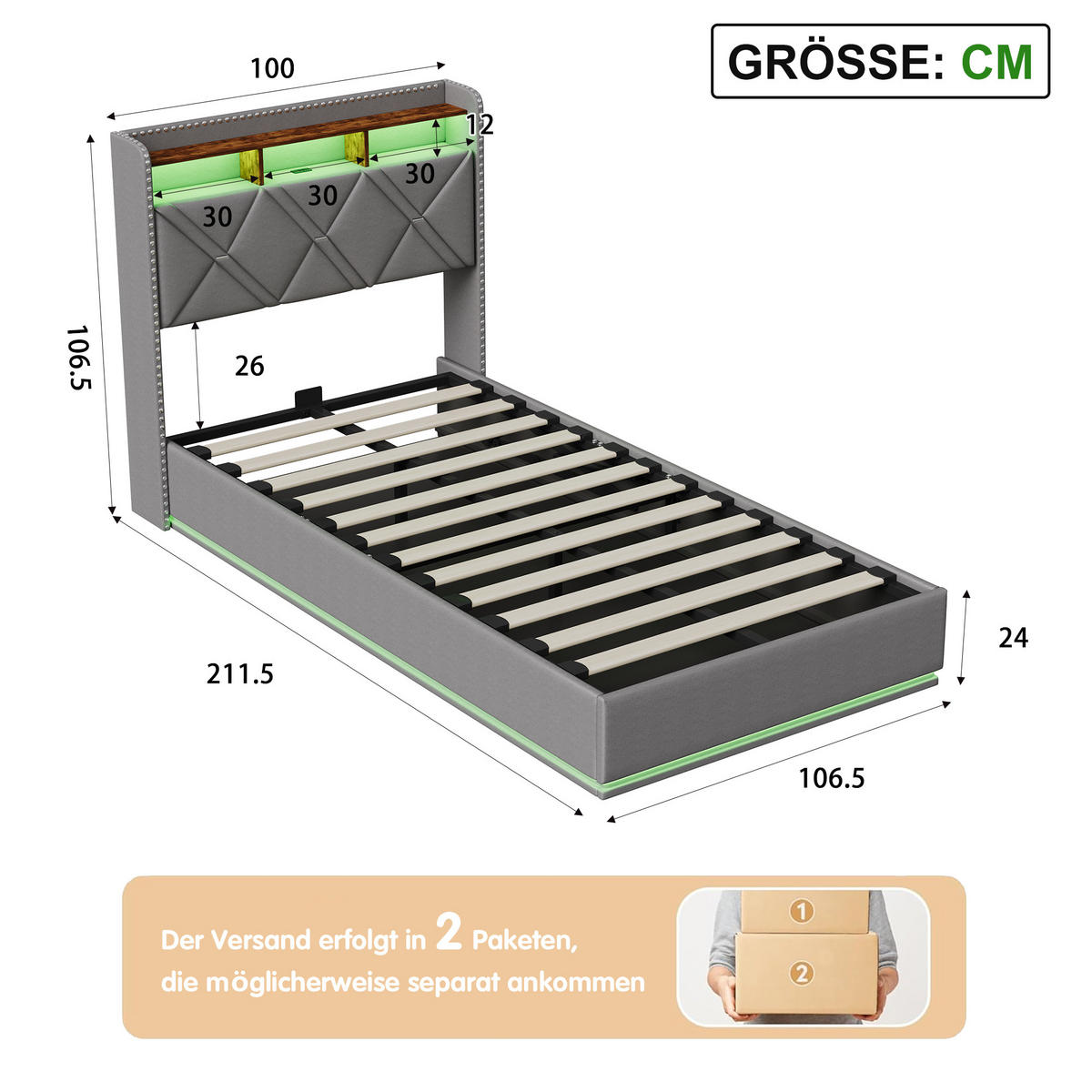 POLSTERBETT 90/200 cm Grau mit hydraulischem Stauraum, LED mit Ablage und USB - Grau, Metall (90/200cm) - EuroLiving
