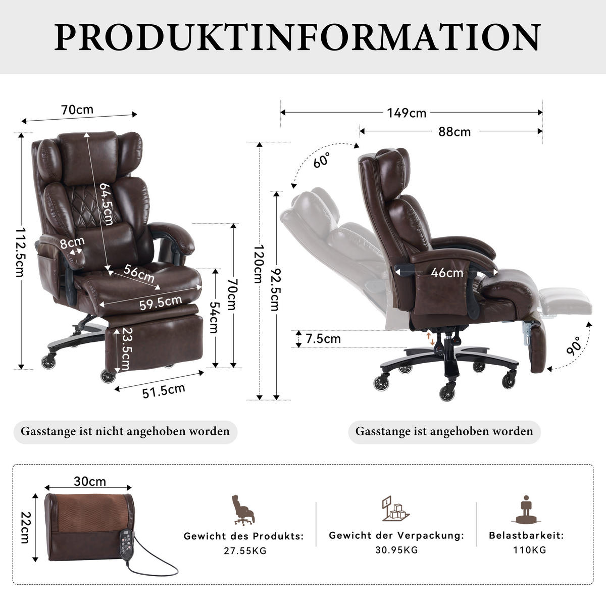BÜROSTUHL Braun 88/70/112.5 cm mit Massagefunktion - Braun, Metall (88/112.5/70cm) - PANGIVO