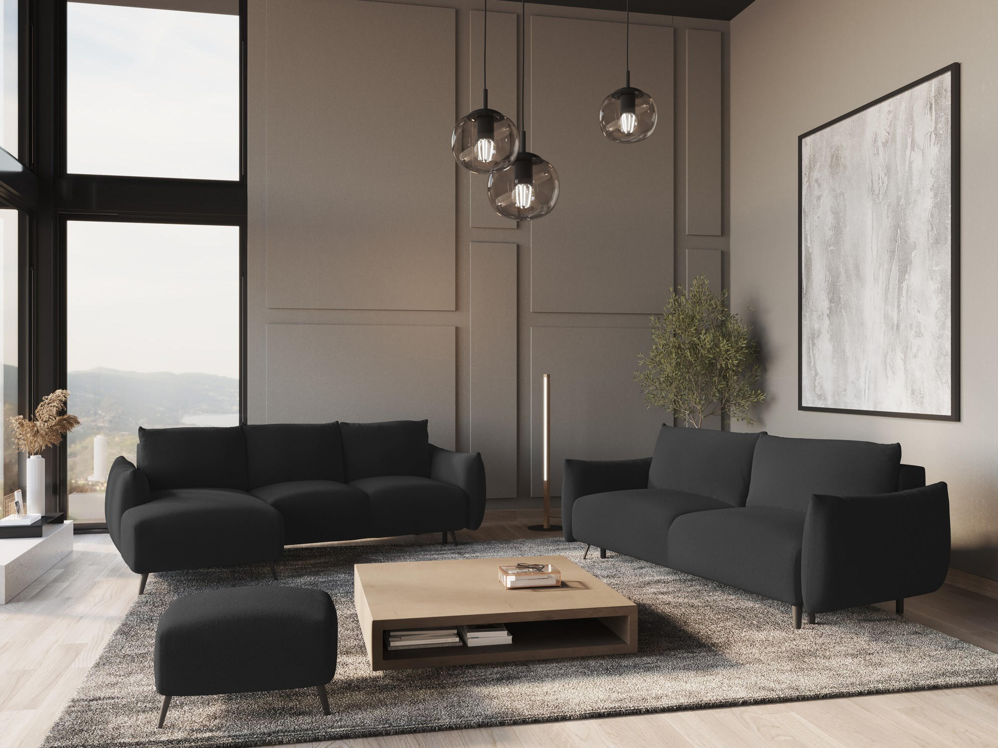 ECKSOFA mit Schlaffunktion Chenille Stoff Schwarz - Anthrazit/Schwarz, Textil/Metall (162/242cm) - Makamii