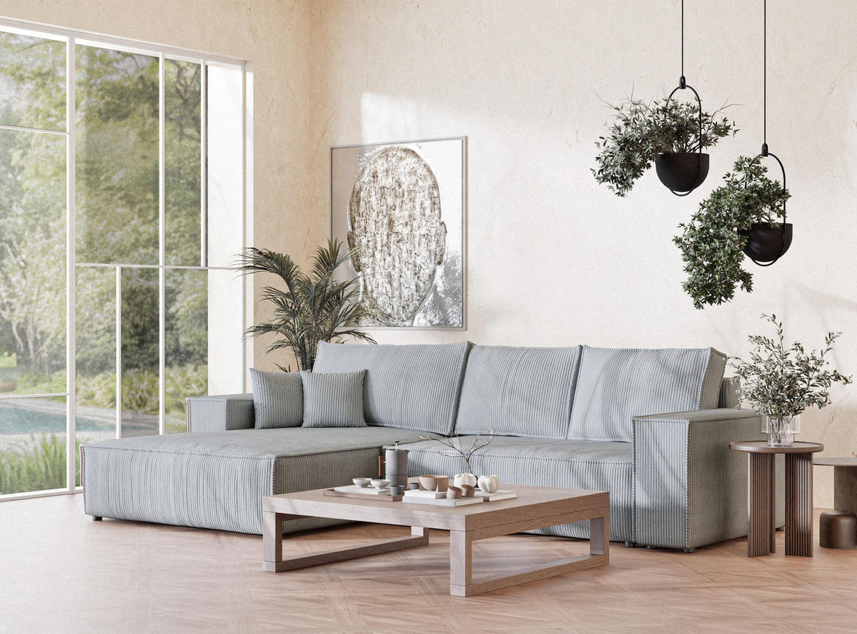 ECKSOFA MIT SCHLAFFUNKTION Maze Hellgrau Samtstoff - Hellgrau/Schwarz, Holz/Holzwerkstoff (294/185cm) - Maison de Reve