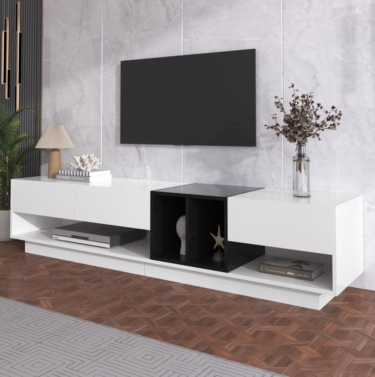 TV-LOWBOARD aus Spanplatte 190x40x42 cm Schwarz-Weiß Hochglanz mit 3 Schubladen - Schwarz, Holzwerkstoff (190/42/40cm) - IVMEU