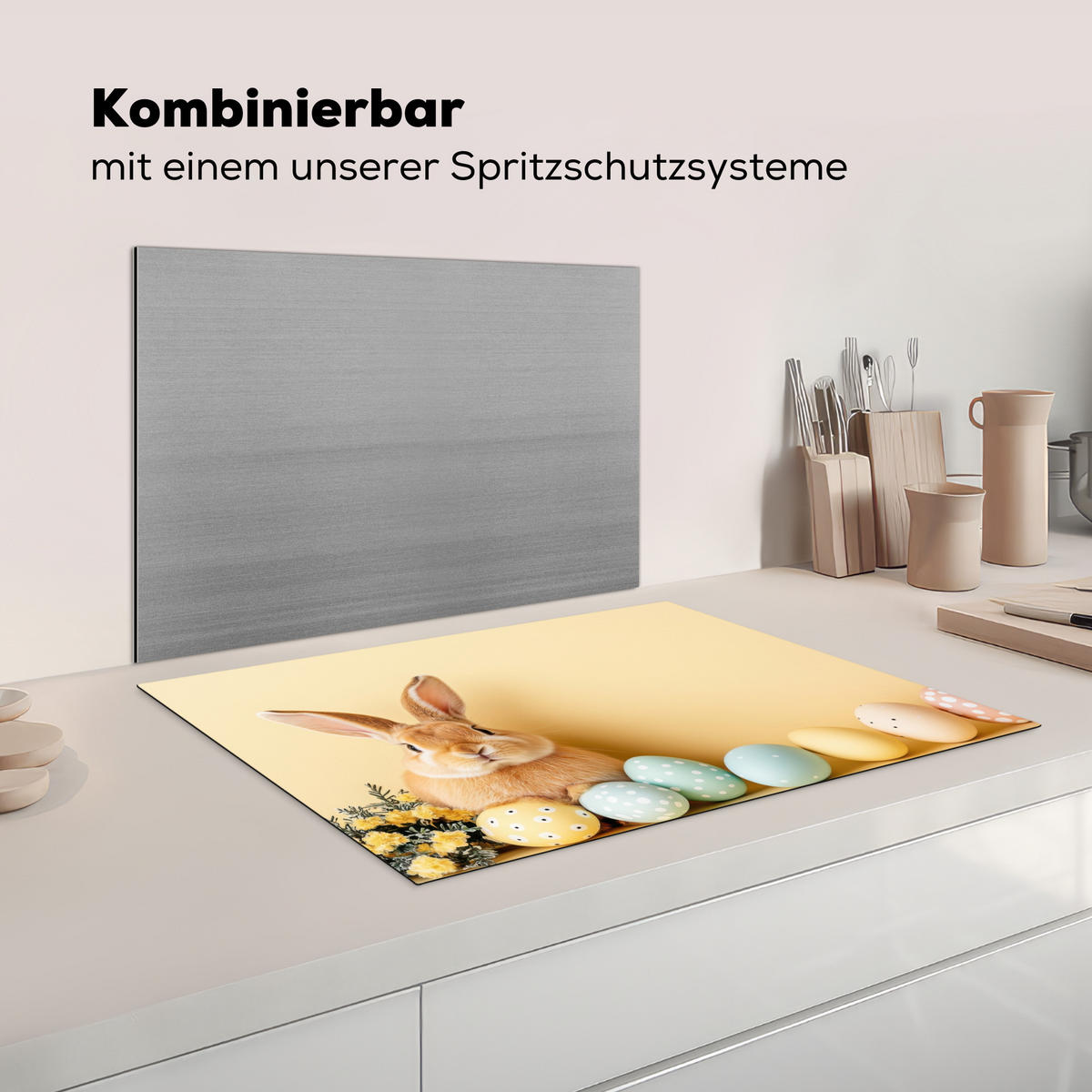 HERDABDECKPLATTE Eier - Kaninchen - Pastellfarbtöne Herdabdeckung Induktionsfeld 75x52 cm - Hellgelb, Kunststoff (75/52/0.2cm) - MuchoWow