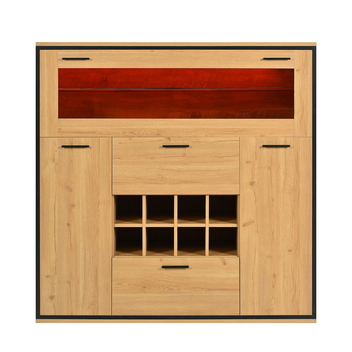 SIDEBOARD 110/38/111 cm in Holzfarbe aus Spanplatte mit Weinhalterung und LED-Beleuchtung - Schwarz/Naturfarben, Glas/Holzwerkstoff (110/111/38cm) - CHICFURN
