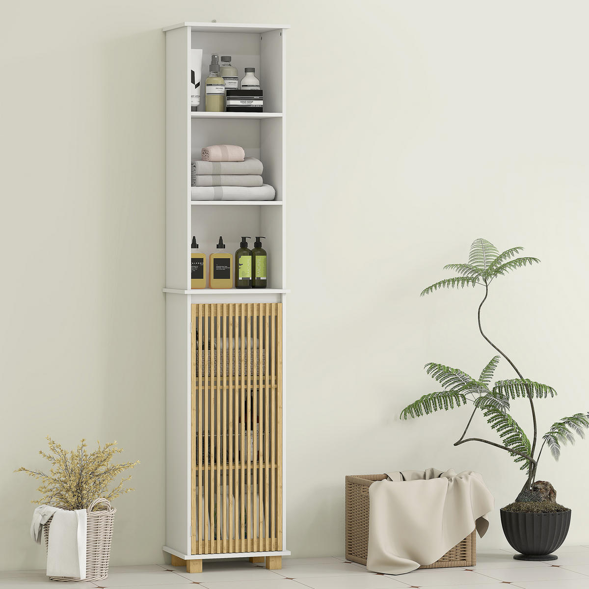 HOCHSCHRANK DE-12468 35/26/173 cm mit Bambuslamellentür Weiß - Weiß, Holzwerkstoff (26/173/35cm) - ComfortXL