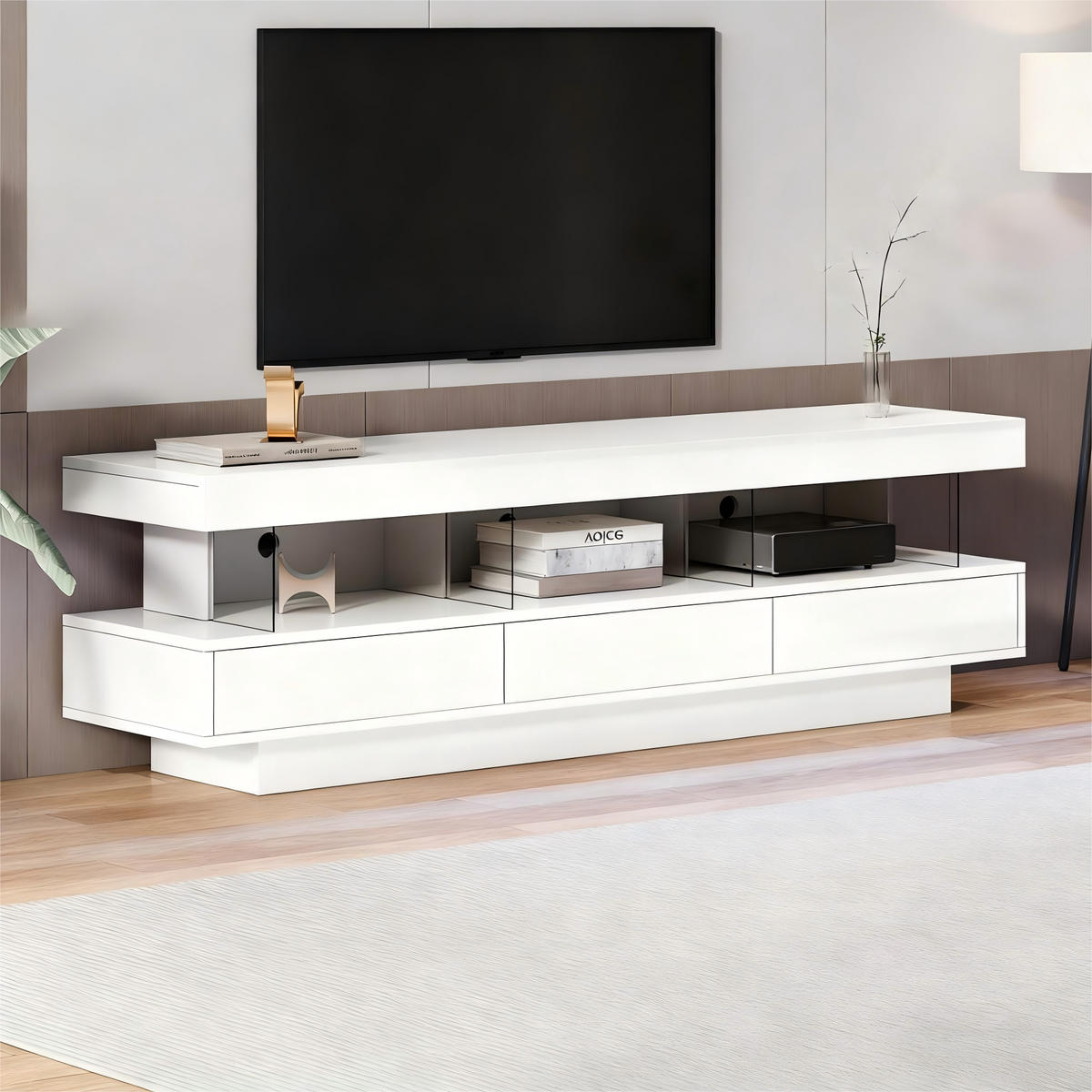 TV-RACK 160x38x50,5cm Weiß Hochglanz mit Smart-LED für 70-Zoll-TV - Weiß, Holz (40.5/29/63.5cm) - Raelunyi