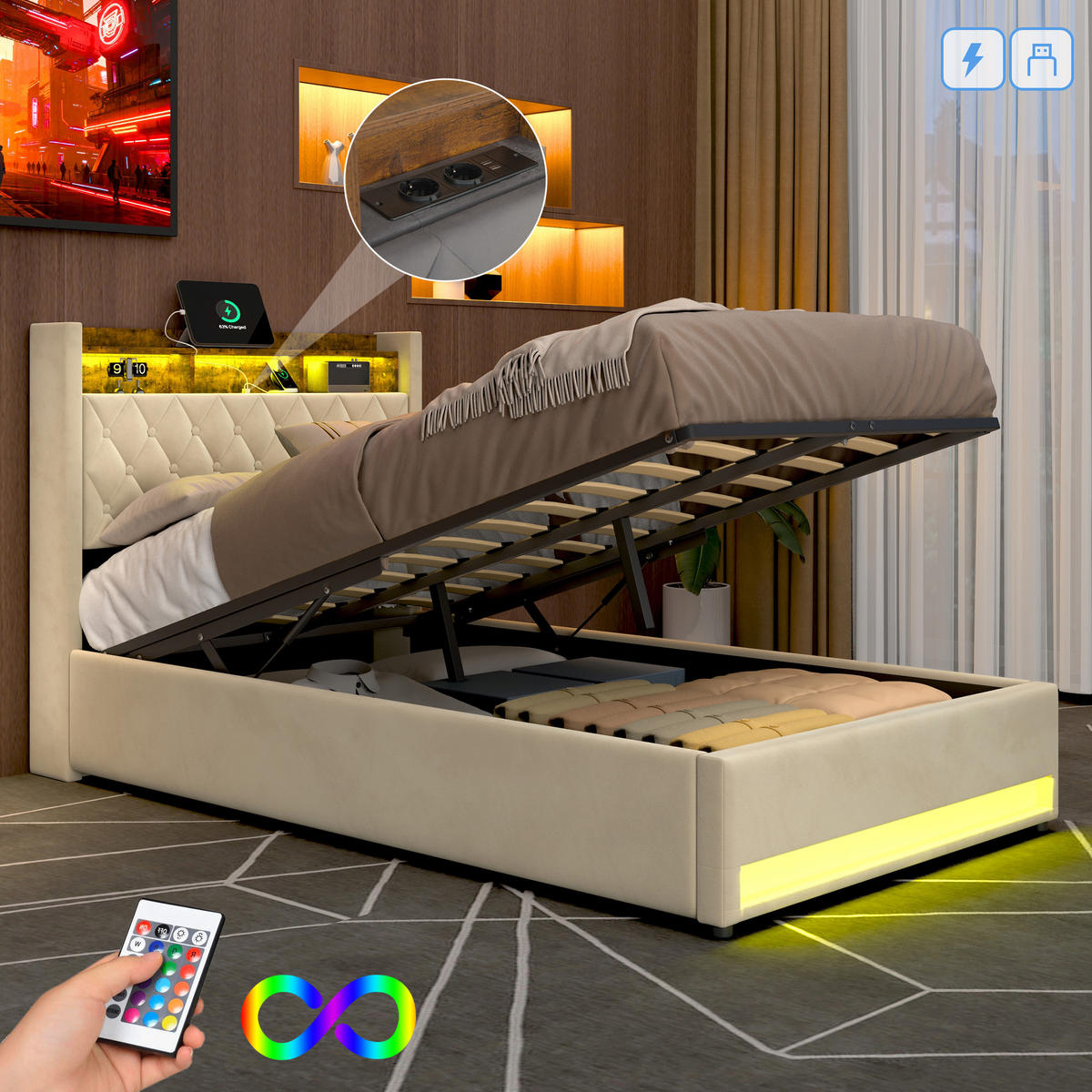POLSTERBETT 140/200 cm mit Bettkasten und Steckdose Boxspringbett mit USB und LED-Licht Stauraumbett ohne Matratze - Beige, Holzwerkstoff/Textil (140/200cm) - STILVORA