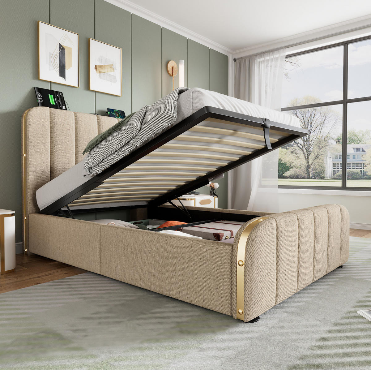 POLSTERBETT aus Leinen 90x200 cm Beige mit Bettkasten, USB- und USB-C-Anschluss - Beige, Textil (90/200cm) - IVMEU