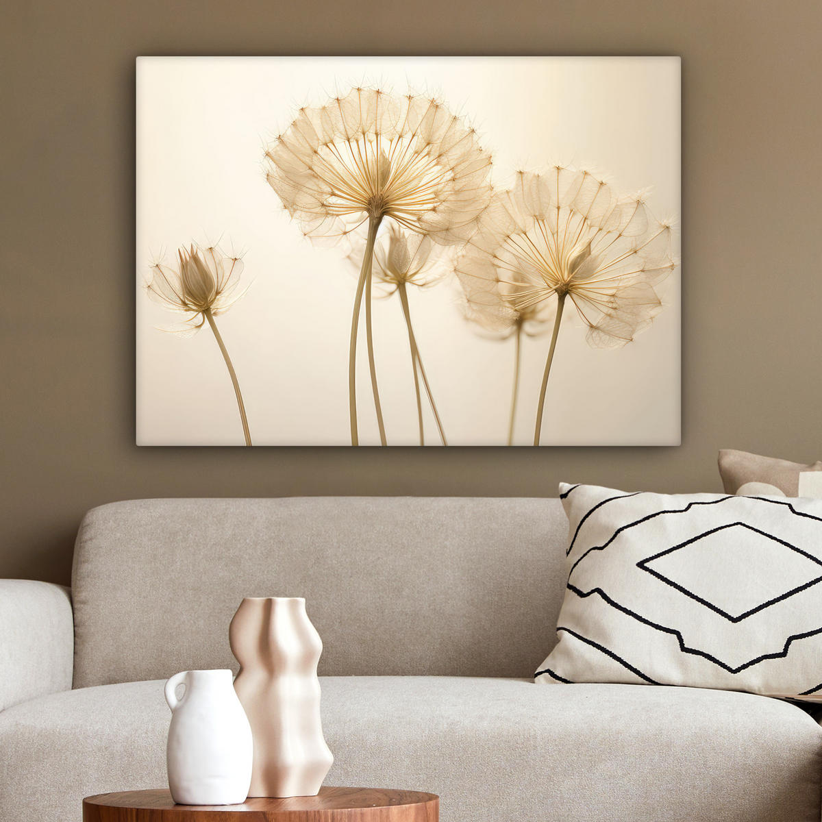 LEINWANDBILD Sonnenlicht - Löwenzahn - Botanisch - Blumen Wandbilder 80x60 cm - Creme, Textil (80/60cm) - MuchoWow