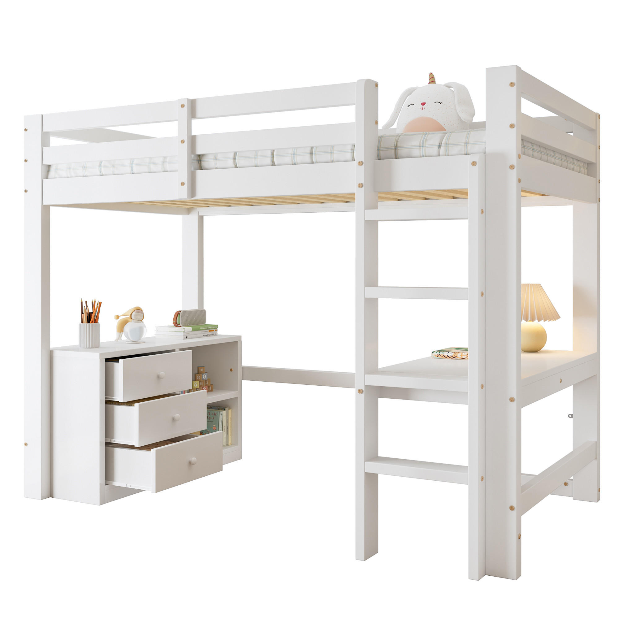 HOCHBETT mit Schreibtisch 90x200 cm Weiß mit Schrank und Regal - Weiß, Holz (90/200cm) - Meubliv