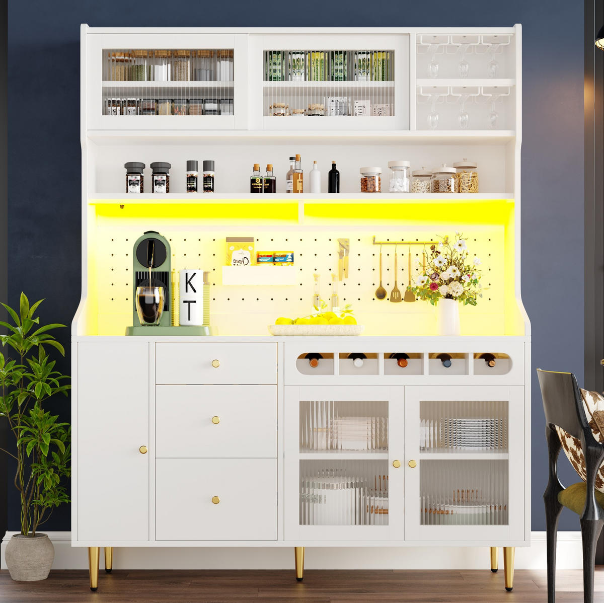 BUFFET 145/39/171 cm in Weiß mit LED-Beleuchtung und Weinregal - Weiß, Glas (145/171/39cm) - Flora Grace