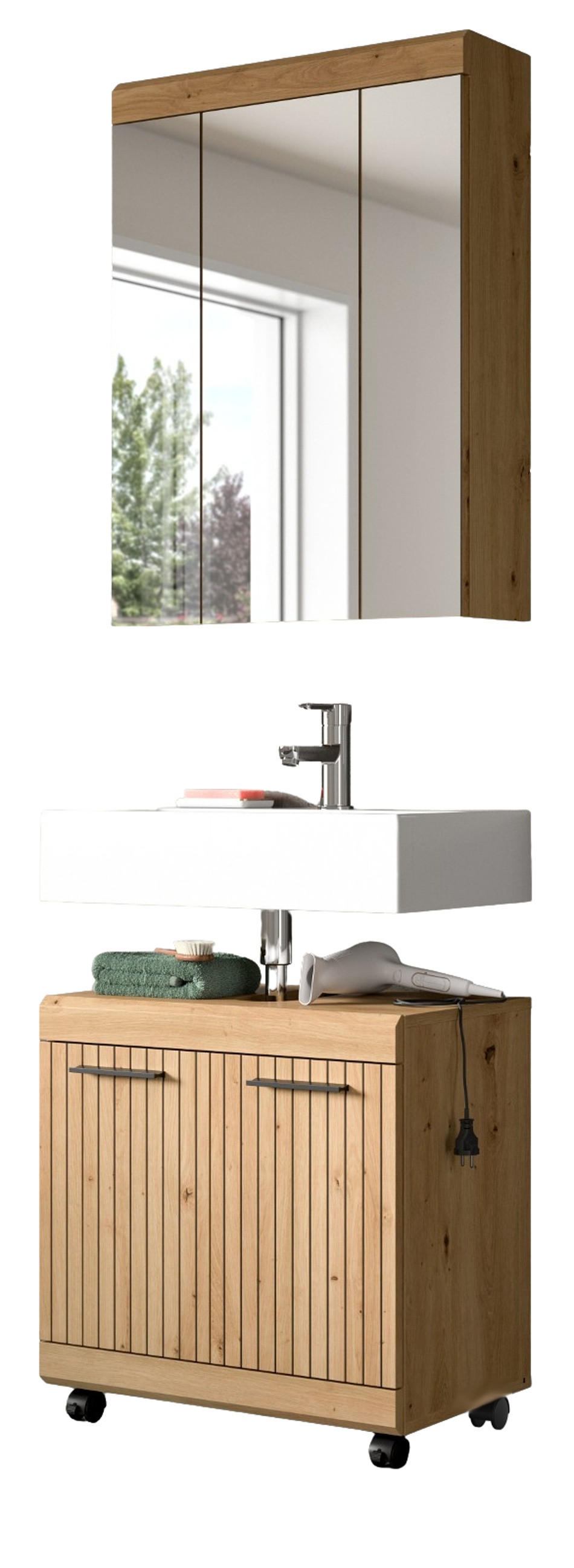BADMÖBEL-SET Eiche Artisan Set 2-teilig 60 x 191 cm, Badkombination modernes Design - Schwarz/Eiche Artisan, Glas/Holzwerkstoff (60/191/34cm) - Inn.Furn