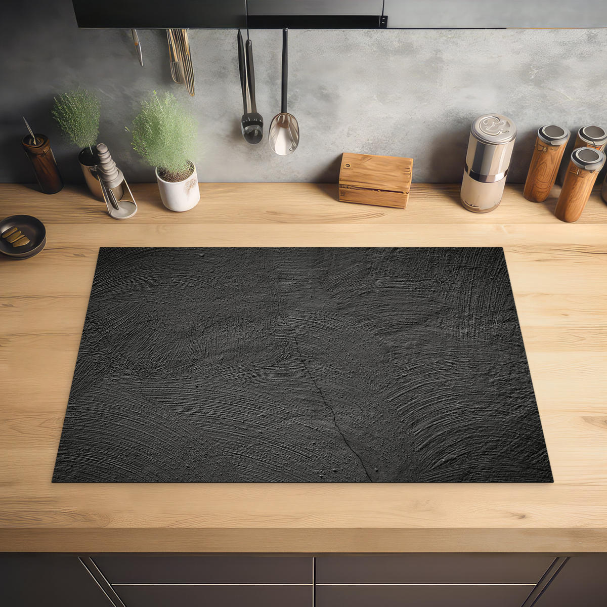 HERDABDECKPLATTE Beton - Schwarz - Industriell Ceranfeldabdeckung 78x52 cm - Anthrazit, Kunststoff (78/52/0.2cm) - MuchoWow