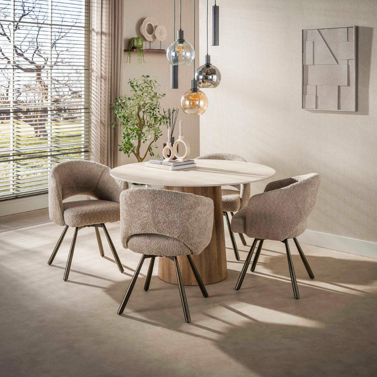 ESSTISCH MATEO ROTONDO Weiß Säulentisch mit Travertin-Keramik Ø 120 cm - Beige, Keramik (120/120/77cm) - alesvelt