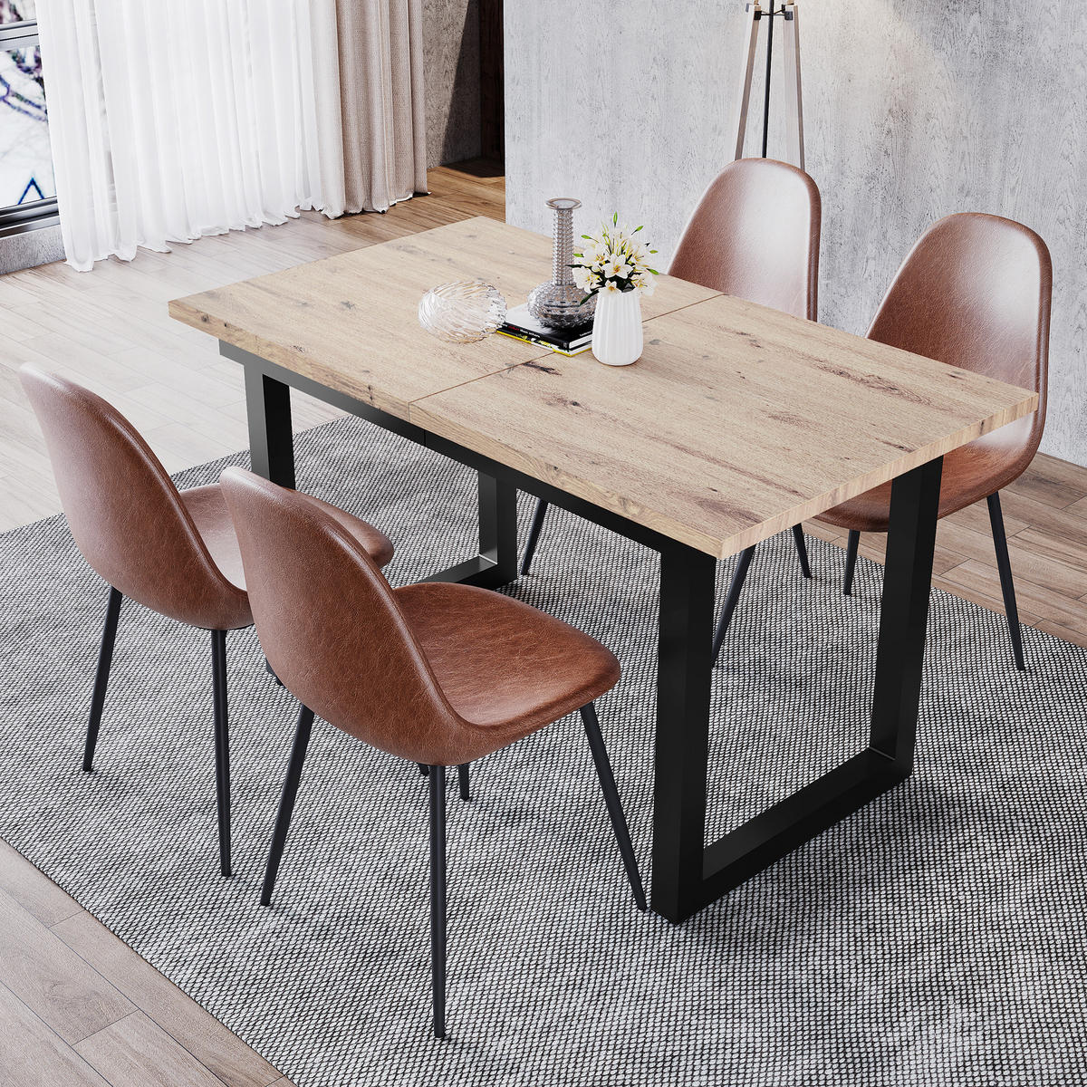 JÍDELNÍ STŮL dubový a černý, moderní jednoduchý design, železná konstrukce, do jídelny, 140×80×75 cm - přírodní/černá, kov/kompozitní dřevo (80/180/75cm) - STILVORA