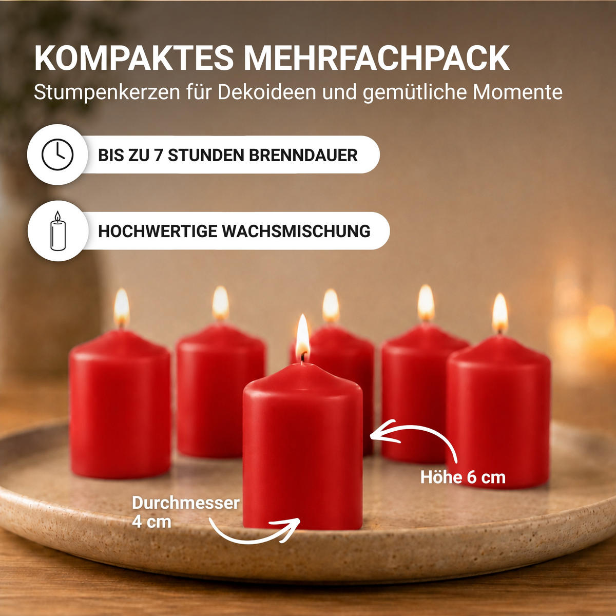 STUMPENKERZEN Ø4cm x 6cm - 6er Pack Rot - Rot, Naturmaterialien (4/6cm)