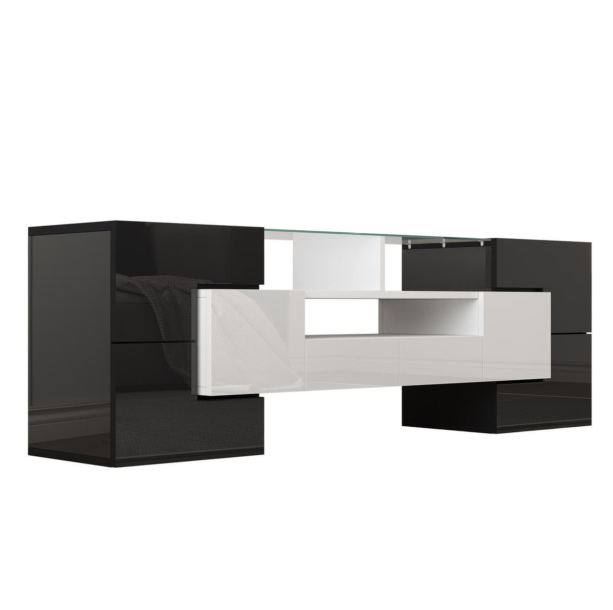 TV-LOWBOARD aus MDF und Spanplatte 145x30x51 cm Weiß/Schwarz mit LED-Beleuchtung und Stauraum - Weiß, Holzwerkstoff (145/51/30cm) - IVMEU