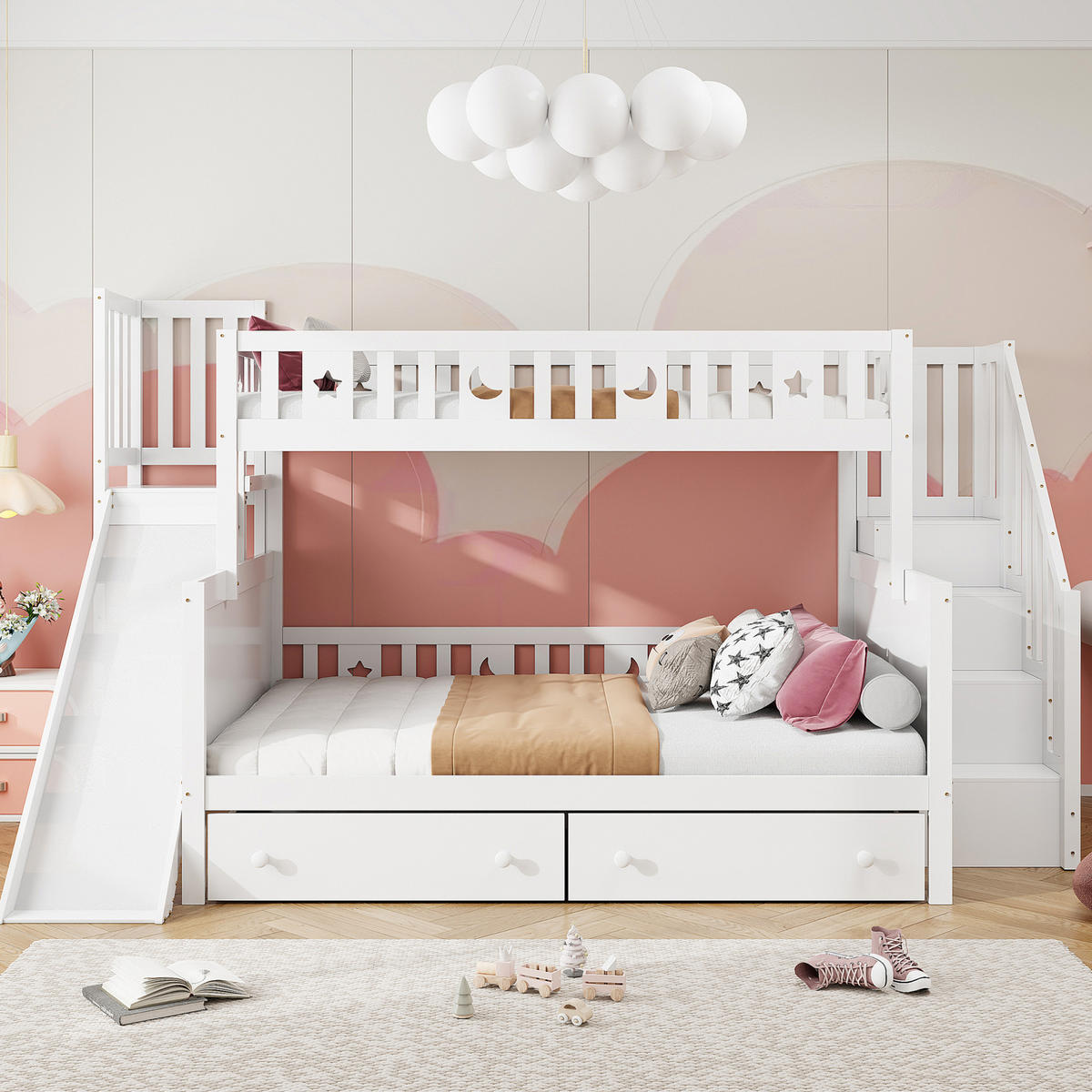 ETAGENBETT Kinderbett 90/200 & 140/200 cm aus Massivholz mit Rutsche, Leiterregal und 2 Schubladen Weiß - Weiß, Holz (90/140cm) - Modenvie