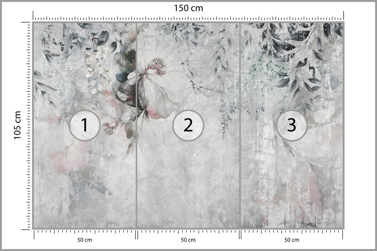 FOTOTAPETE für Büro Zarte Blätter Grau Betonwand Blumen Natur 150x105 - Grau, Papier (150/105cm) - Muralo