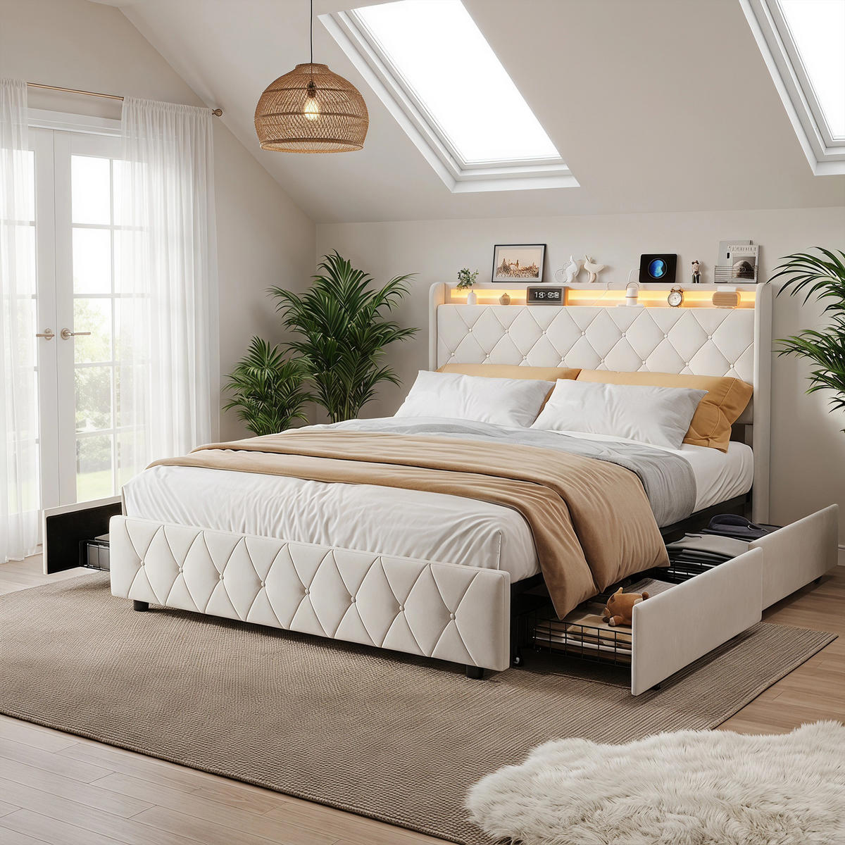 POLSTERBETT 160x200 cm, LED-Beleuchtung Doppelbett mit Ladefunktion und 4 Schubladen, Samt, beige - Beige, Holz/Holzwerkstoff (160/200cm) - GENKI LIVING