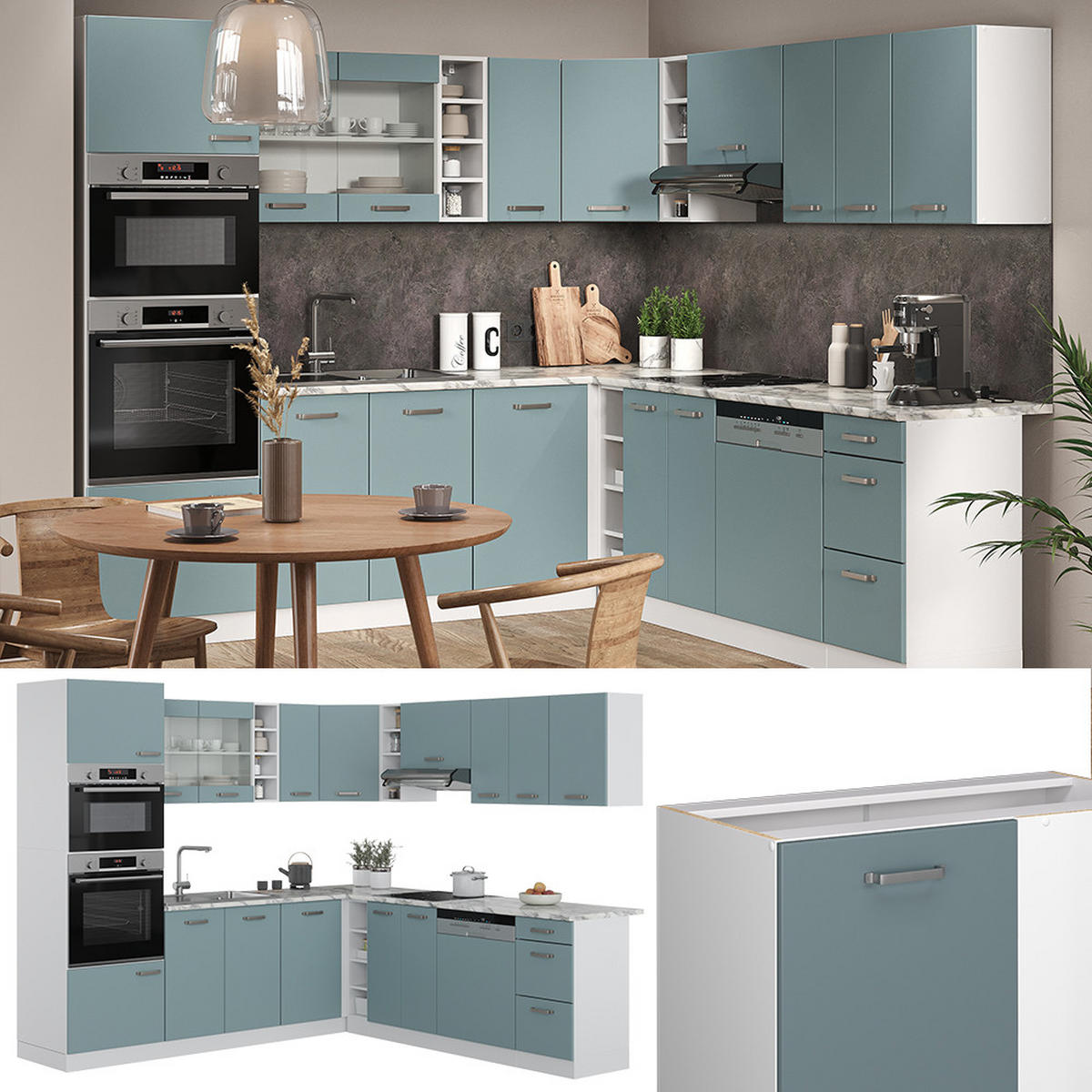ECKKÜCHE R-Line Blau-Grau/Weiß 237 x 60 cm ohne AP - Blaugrau/Weiß, Holzwerkstoff (247/81.6/46cm) - Vicco