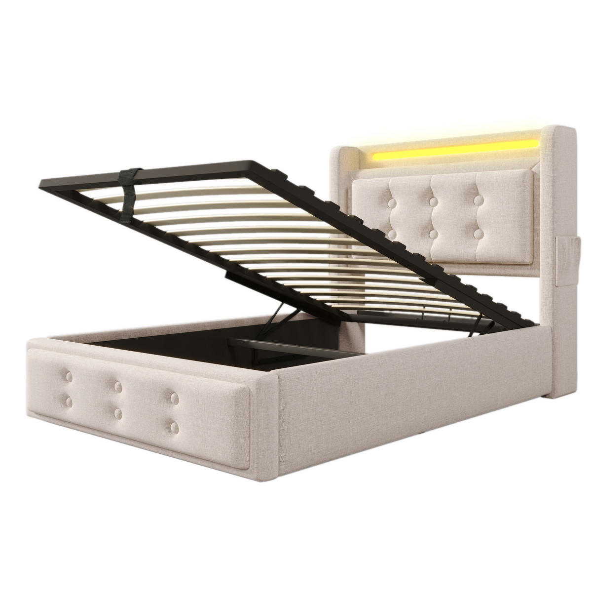 POLSTERBETT 90/200 cm mit LED-Beleuchtung, Steckdose, USB-C und Bettkasten,und Matratze, Beige - Beige, Textil (90/200cm) - Redom