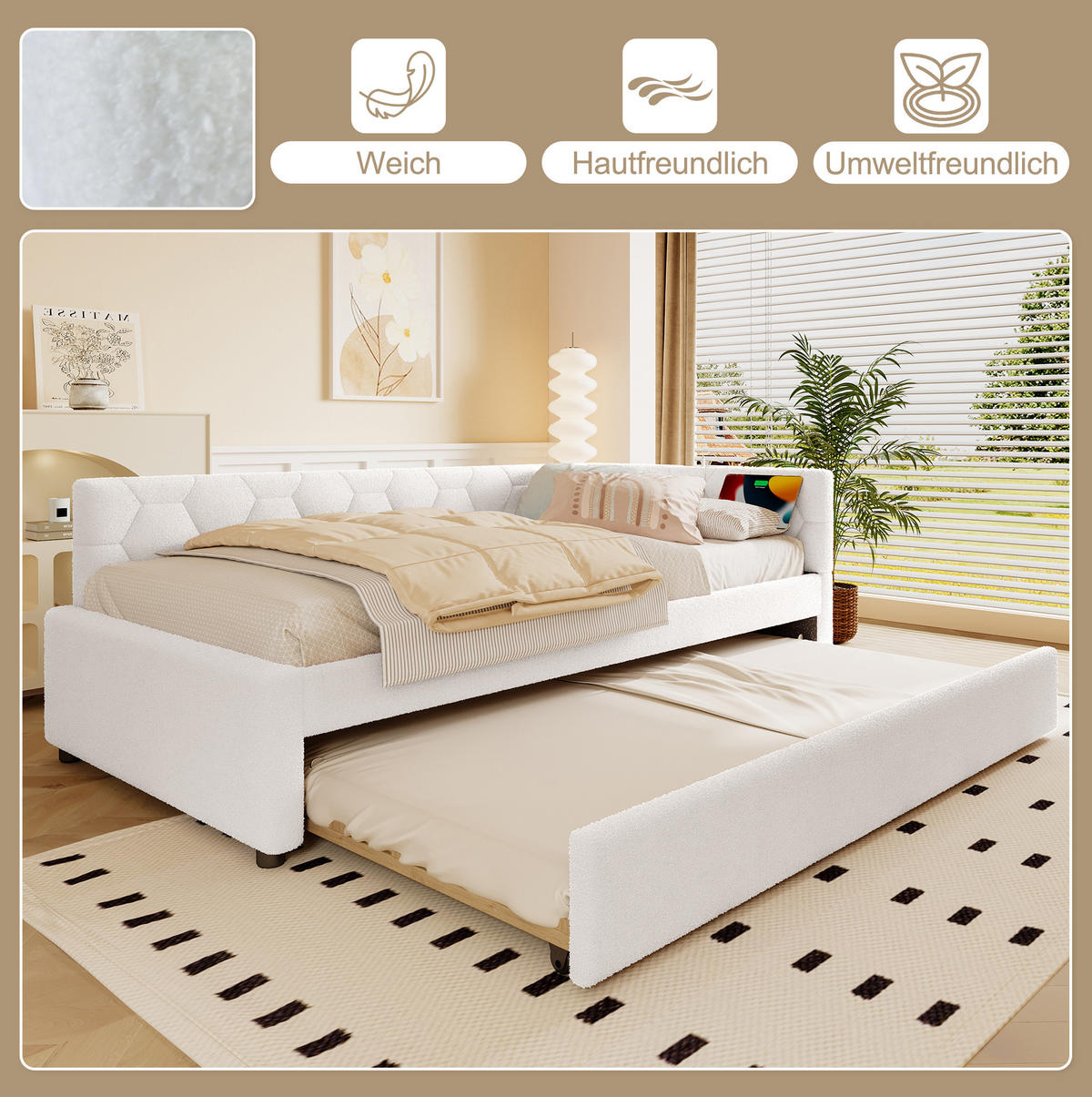 POLSTERBETT 90/200 cm Weiß aus Boucle mit Ausziehbett - Weiß, Textil (90/200cm) - OKMYHOME