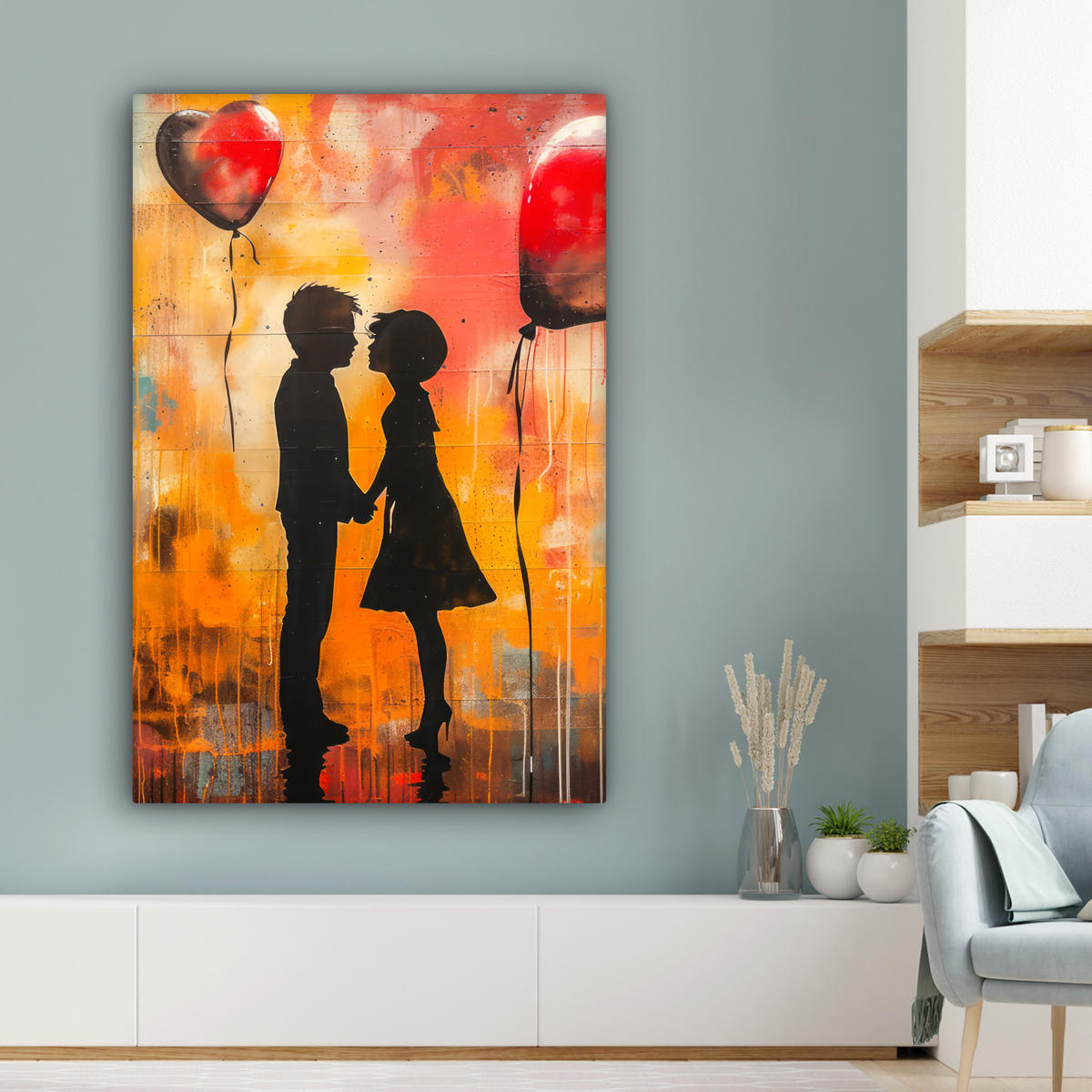 LEINWANDBILD Straßenkunst - Liebe - Graffiti - Kunst - Banksy 80x120 cm - Orange, Textil (80/120cm) - MuchoWow