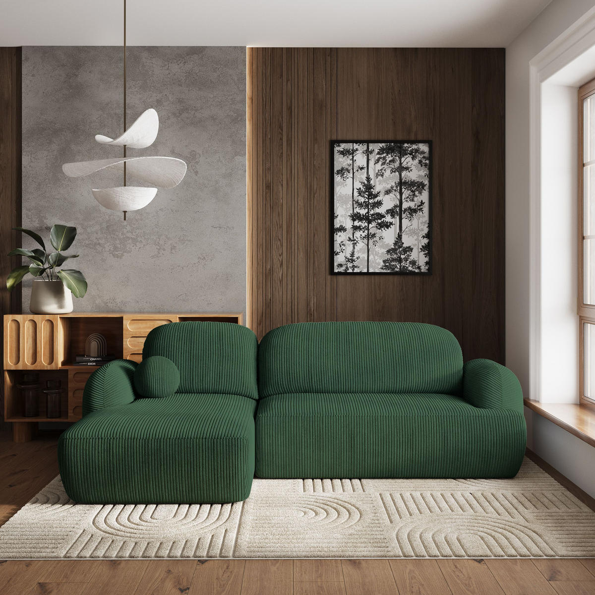 ECKSOFA MODENZA P L-S Grün Kordstoff mit Schlaffunktion - Schwarz/Grün, Holz/Kunststoff (266/148cm) - MASSENO