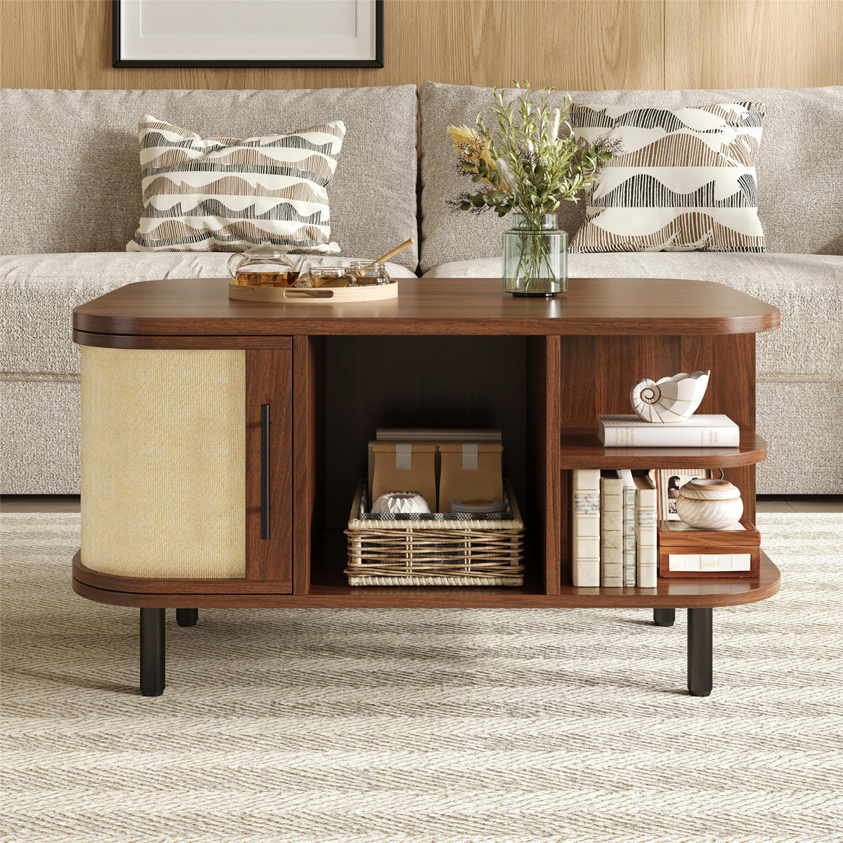 COUCHTISCH Design mit Stauraum & Metallrahmen - Braun, Holz (60/80/46.5cm) - Kaket