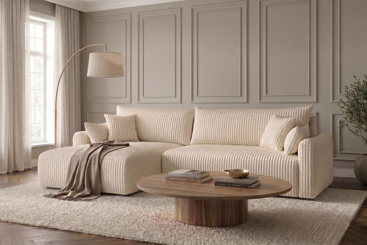 ECKSOFA Mit Schlaffunktion, Cordstoff Tilia, Ecru, Links, JAPANDI - Ecru, Holz (262/145cm) - Kaiser Möbel