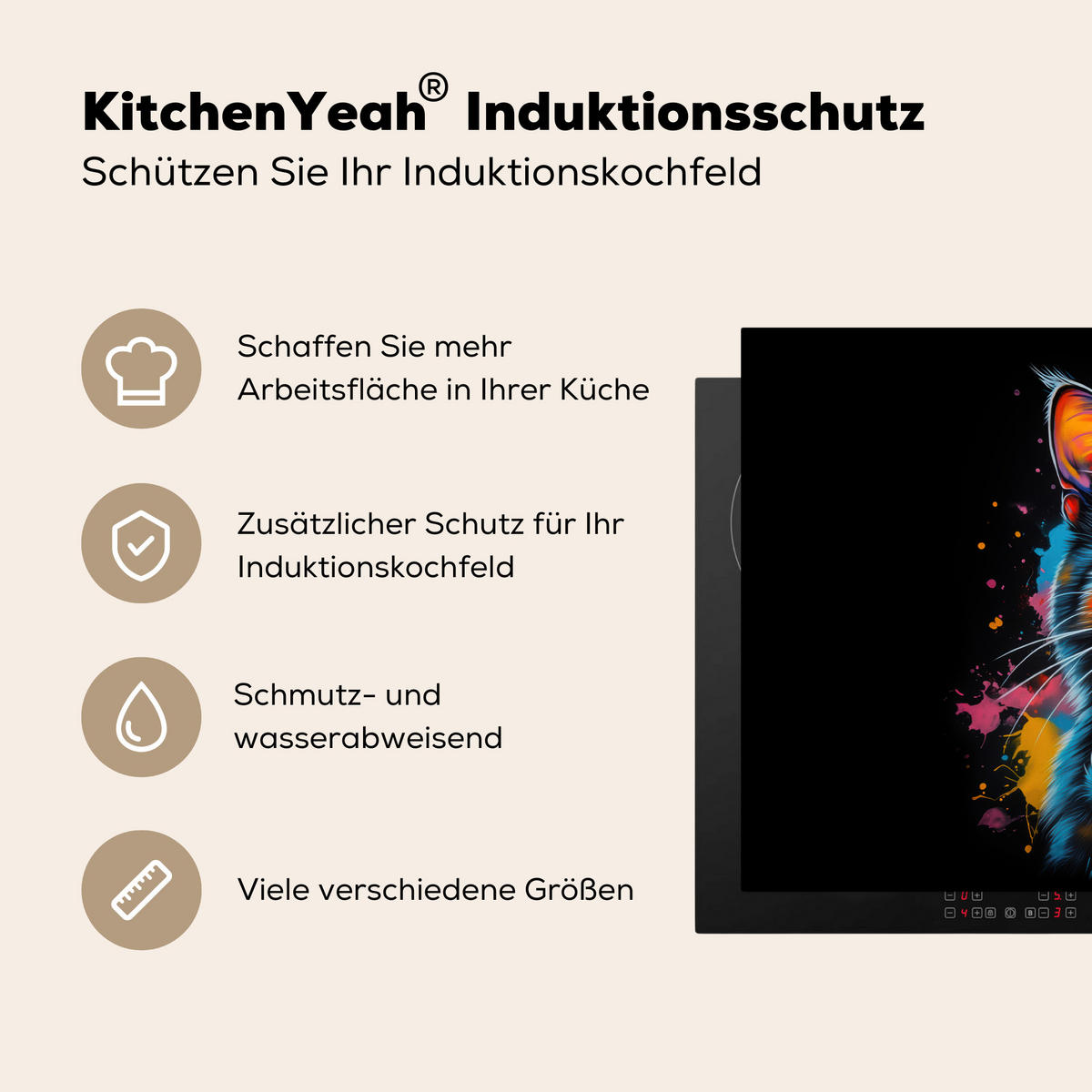 HERDABDECKPLATTE Katze - Graffiti - Bunt - Waffel - Essen Induktionsschutz 91.2x52 cm - Multicolor, Kunststoff (91.2/52/0.2cm) - MuchoWow