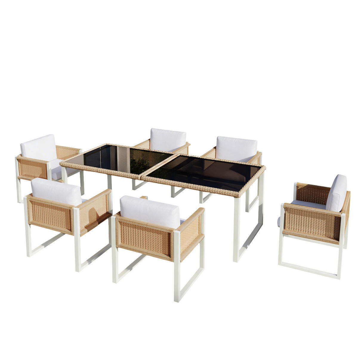GARTEN-ESSGRUPPE 170/80/75 cm mit 6 Stühlen, gehärteter Glasplatte und abnehmbaren Bezügen, Braun/Weiß - Braun, Naturmaterialien - Redom