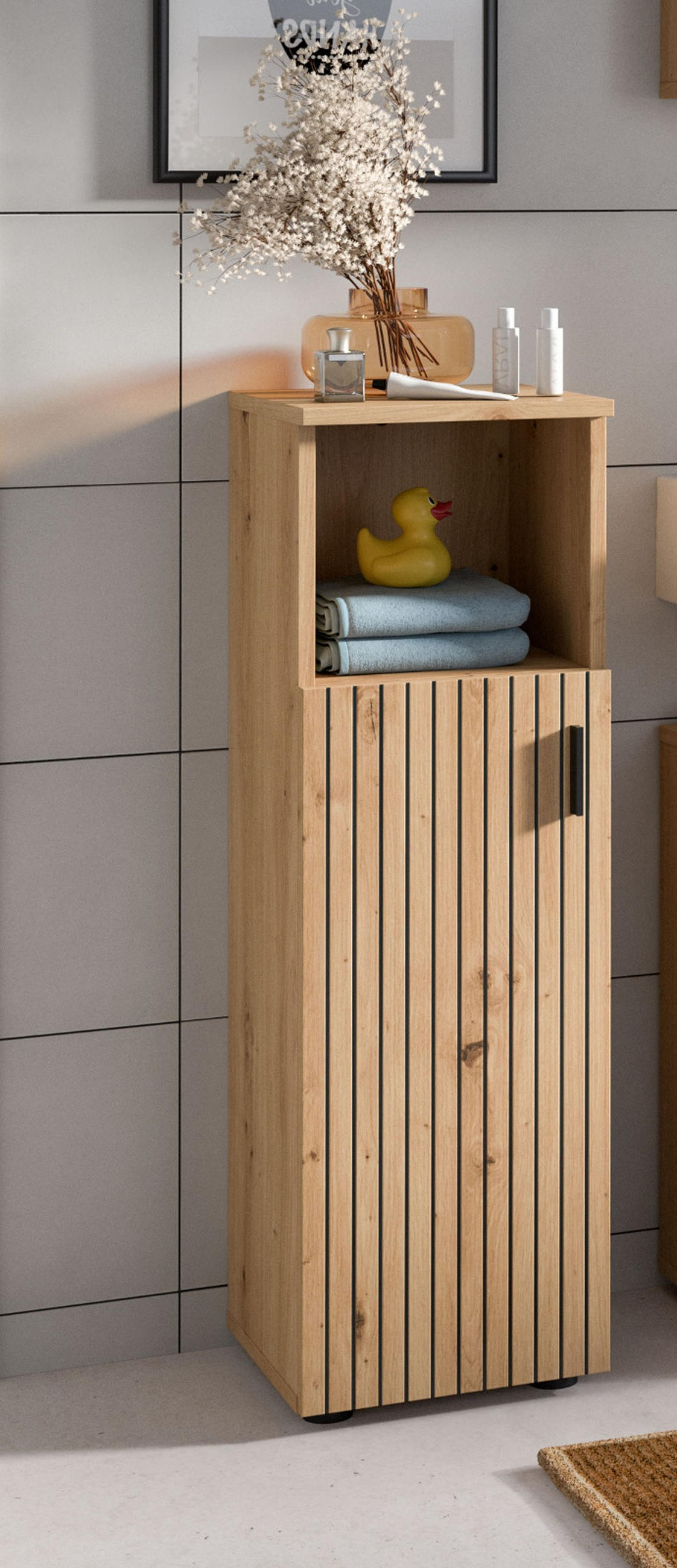 KOMMODE Eiche 30 x 95 cm, Badschrank mit Rillen - Schwarz/Eiche Artisan, Holzwerkstoff/Kunststoff (30/95/30cm) - Inn.Furn