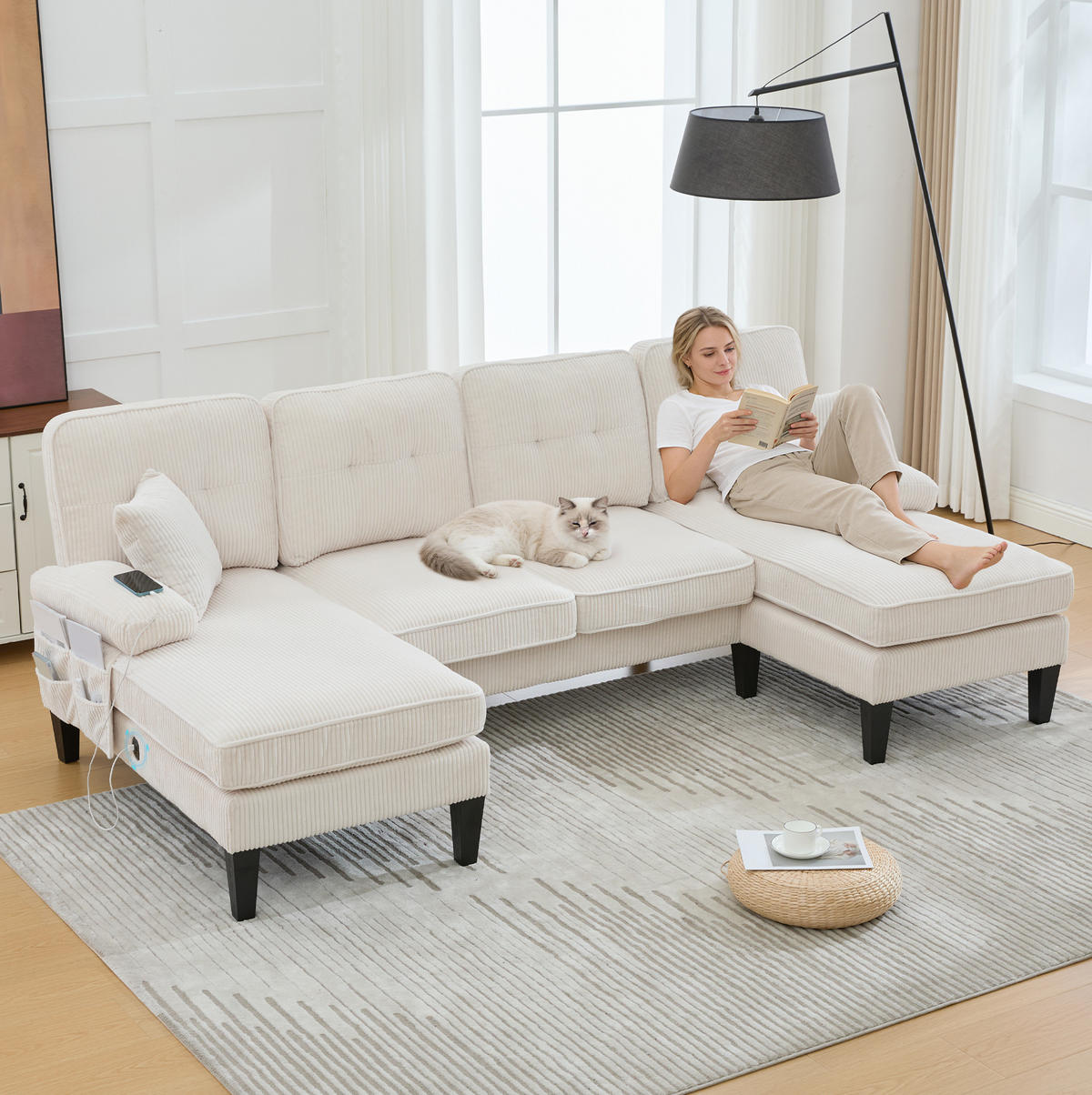 WOHNLANDSCHAFT aus Cord 250x130x88 cm in Beige mit USB/Type-C & Seitentaschen - Beige, Textil (130/88/250cm) - Modfu