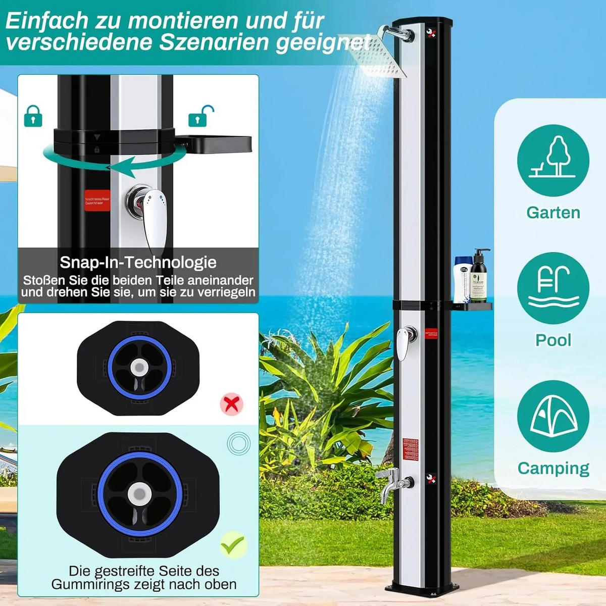 SOLARDUSCHE mit Duschkopf, 60L Kalten Heißer Silber für Garten Strand Pool - Silberfarben, Kunststoff (22/228/18.3cm) - Kaket