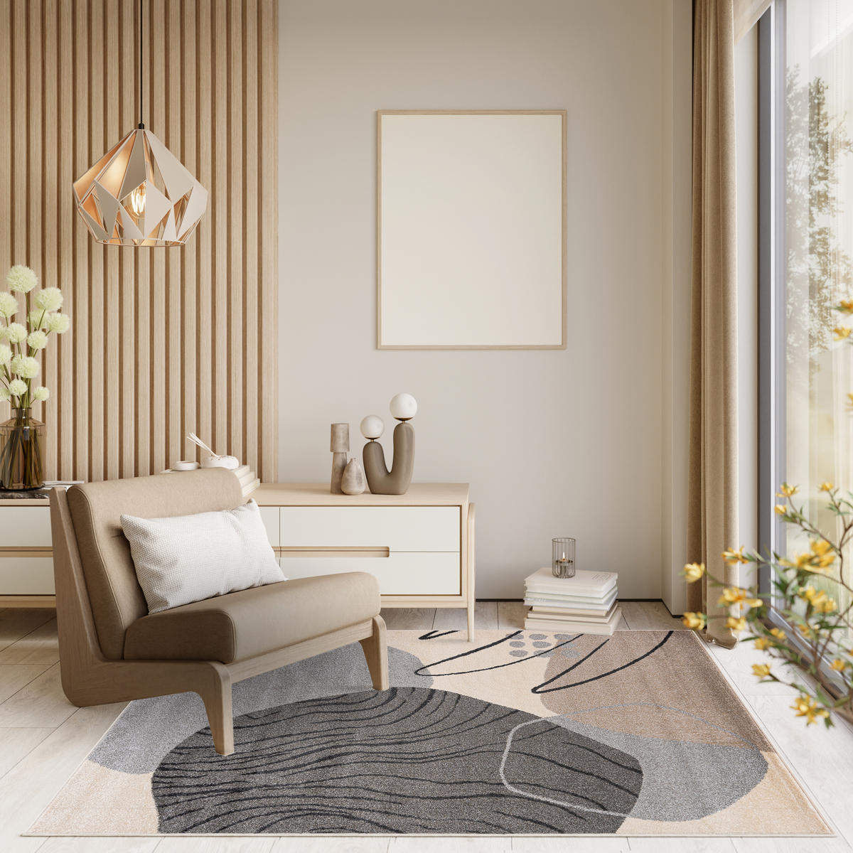 TEPPICH Beige Geometrisch In-Outdoor Pflanzlich Kurzflor Rechteckig 200 x 300 cm - Hellgrau, Textil (200/300cm) - Mazovia