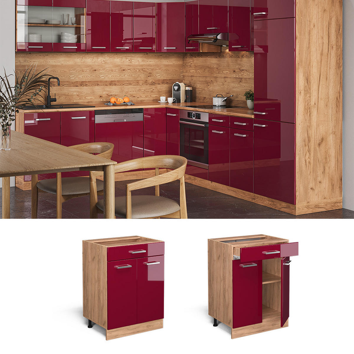 KÜCHENUNTERSCHRANK R-Line Rot Hochglanz 60 cm mit Schublade, ohne Arbeitsplatte - Honigeiche/Bordeaux, Holzwerkstoff (60/81.6/46cm) - Vicco