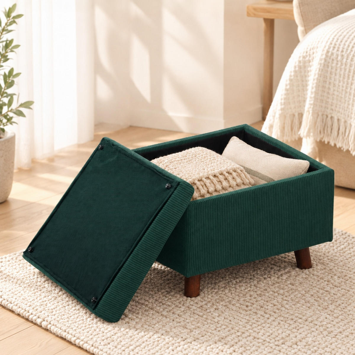 TABURET Tmavě zelený manšestr s úložným prostorem 40 cm - tmavě zelená, dřevo/kompozitní dřevo (46/40/40cm) - Relaxdays
