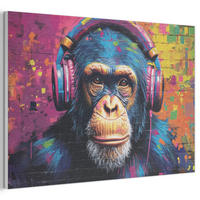 AKUSTIKBILD Graffiti - Schimpanse - Straßenkunst - Kopfhörer - Affe Akustikpaneele 90x60 cm - Blau, Kunststoff (90/60/0.9cm) - MuchoWow
