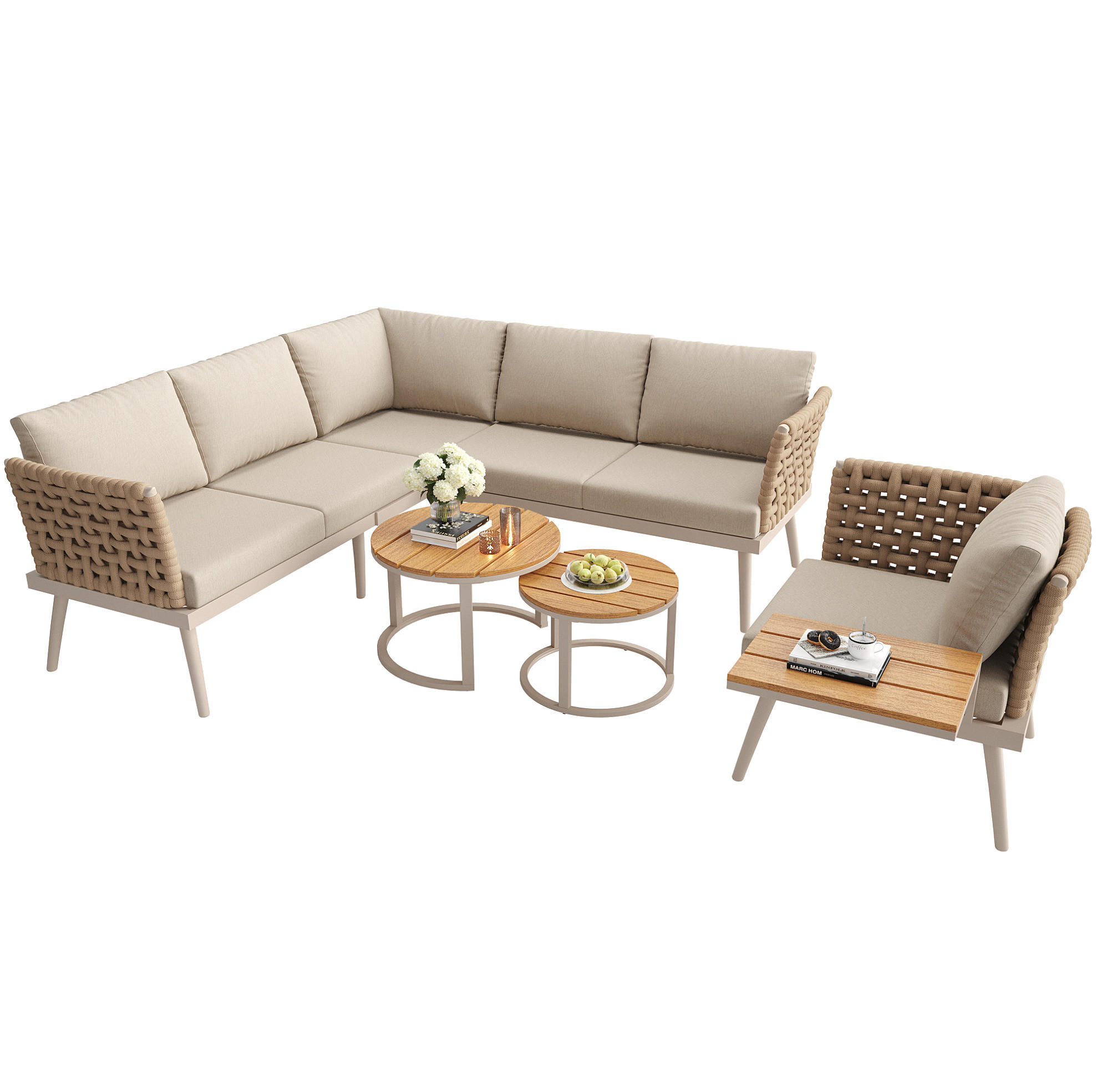GARTENLOUNGE-SET 200/73/76,5 cm modular mit 2 Couchtischen, handgeflochtenen Armlehnen und Eisengestell, Beige - Beige, Metall - Redom