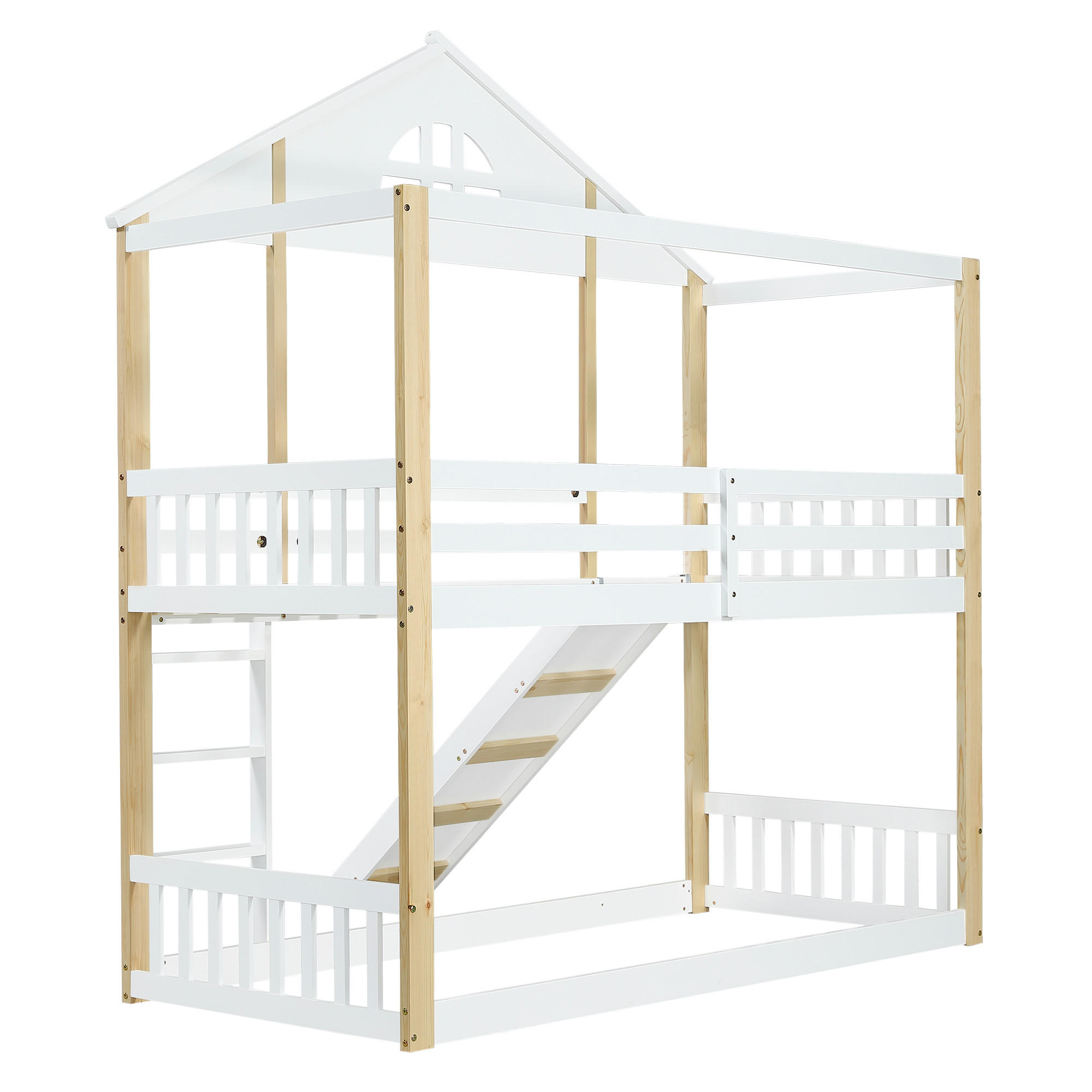 ETAGENBETT 90x200 cm mit Fenster, Treppe und Rutsche, Massivholz & MDF, weiß-natur - Weiß, Holzwerkstoff (90/200cm) - Luhomfu