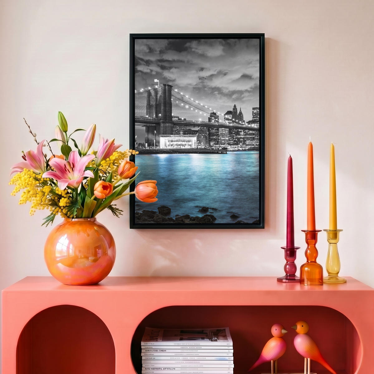 LEINWAND Bilder mit Rahmen - New York - Skyline - Stadt - Blau - 20x30 - Blaugrau, Textil (20/30cm) - MuchoWow